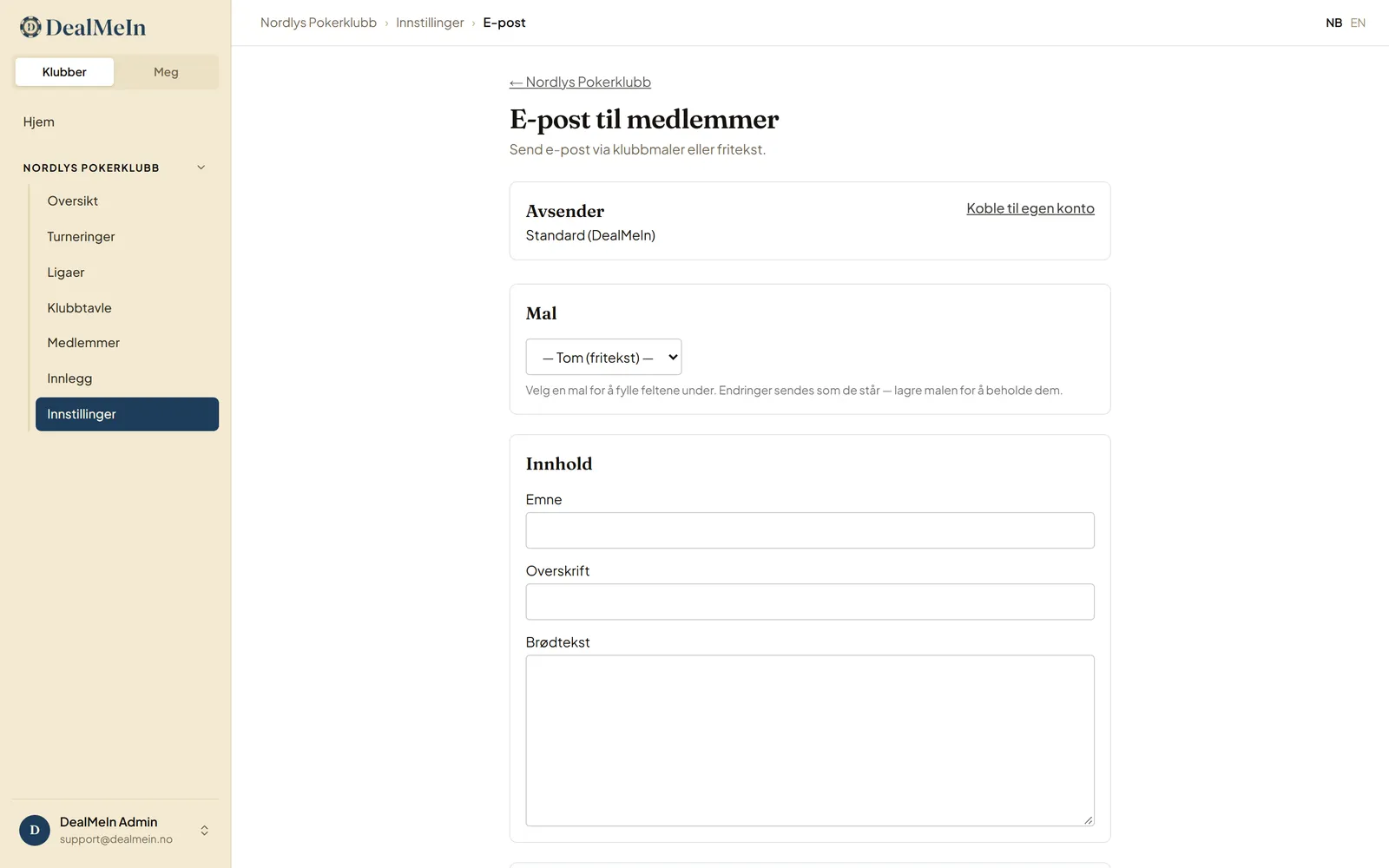 E-post til medlemmer i Console: avsender øverst, valg av mal, og feltene emne, overskrift og brødtekst.