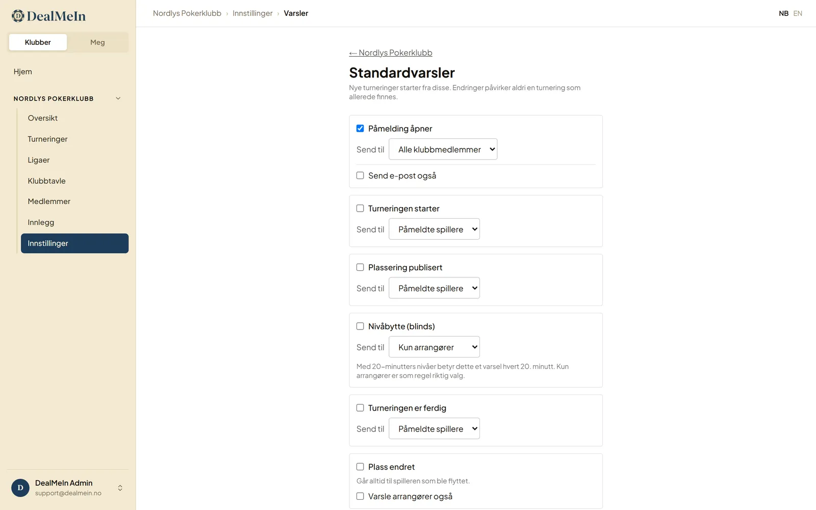 Standardvarsler i Console: avkryssing per hendelse — påmelding åpner, turneringen starter, plassering publisert — med valg av mottakere.