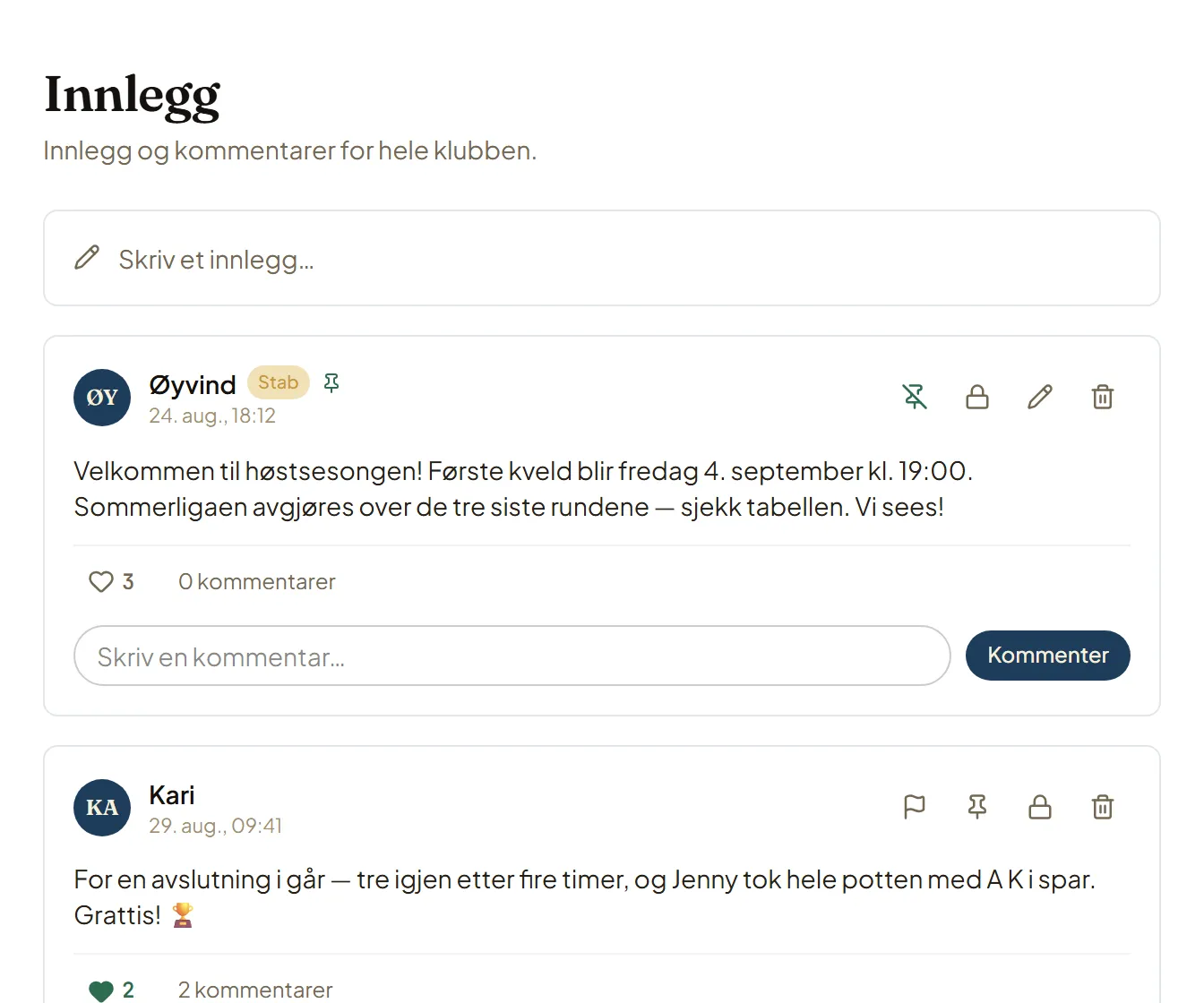 Innleggssiden i Console: et festet innlegg fra klubbarrangøren, og et medlemsinnlegg med kommentarer og liker.