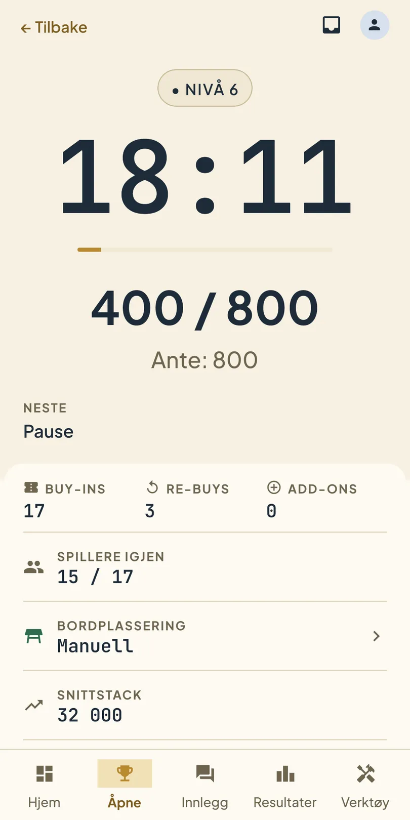 DealMeIn-appen under en turnering: nivå 6, klokka viser 18:11, blinds 400/800 med ante 800, og under står buy-ins, re-buys, spillere igjen, bordplassering og snittstack.