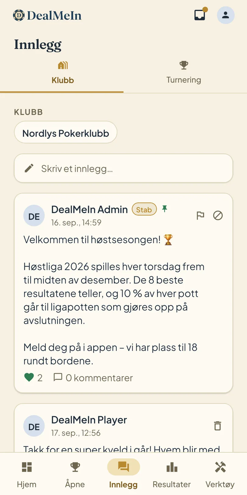 Innlegg-fanen: klubbens vegg med et festet velkomstinnlegg om Høstliga 2026, med liker og kommentarer.
